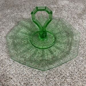 Vintage elegant depression glass etched octagonal tidbit tray Green